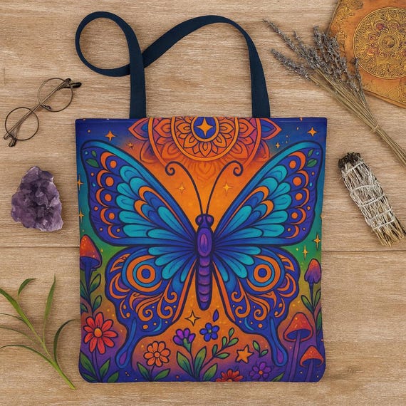 Boho Butterfly Mandala Tote Bag: Psychedelic Hippie Festival Art