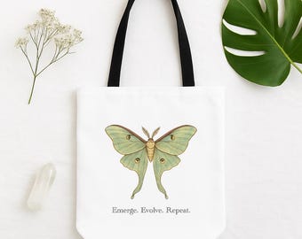 Luna Moth Tote Bag, Emerge Evolve Repeat, Nature-Inspired Spiritual Growth Gift