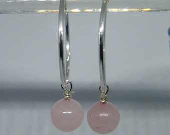 Pendientes de aro de CUARZO ROSA y PLATA DE LEY