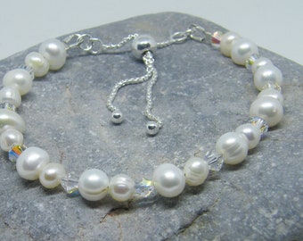FRESHWATER PEARL, CRYSTAL and Silver Adjustable Bracelet