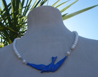 Enamelled Vintage Style Bluebird and FRESHWATER PEARL  and SILVER Necklace