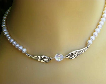 GUARDIAN ANGEL, Wings Pearl Necklace with STERLING Silver
