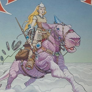 May include: A woman with blonde hair and a white crown rides a pink, four-legged creature with a blue horn. The creature is wearing a harness and has a saddle with a brown leather bag. The woman is holding a long, wooden staff.