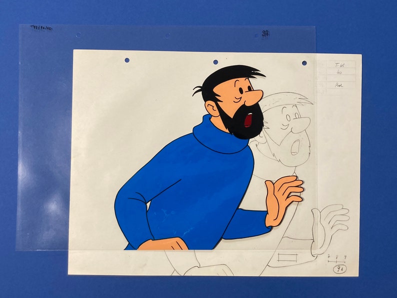 Original hand painted Captain Haddock Adventures of Tintin animation Cel and graphite drawing. 1960s image 6