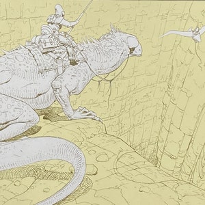May include: A black and white line drawing of a creature with a long neck and tail, resembling a lizard, with a rider on its back. The creature is standing on a ledge overlooking a deep canyon. The rider is wearing a helmet and holding a spear. The background is a light yellow colour.