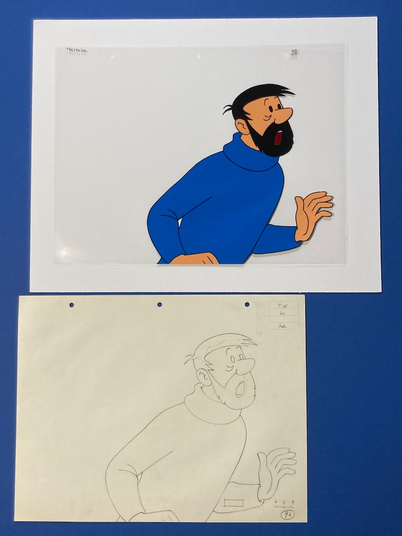 Original hand painted Captain Haddock Adventures of Tintin animation Cel and graphite drawing. 1960s image 2