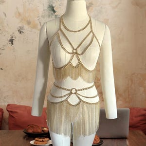 Festival Chain SET | Gold Bralette | Dancer Belly Chain | Chain Dress| Bra Top | Rave Outfit | Sexy DANCER 115 Clara