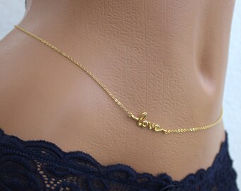 Love Waist Chain, Gold Belly Chain, Body Chain Jewelry, Valentines gift,  love W-47