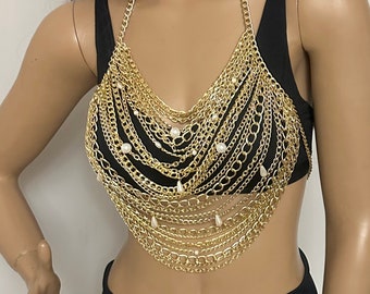 PEARL Gold Layering Bra, Body Jewelry, dress chain, sexy jewelry-nightclub dress, dancer costume