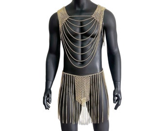 Gold Chain Dress, Men Festival Costume, Halloween,  Cuban Body Chain Set, Costum Cosplay, Fetish