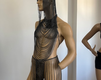Men's Black Chain Dress, Festival Costume, Rave Outfit