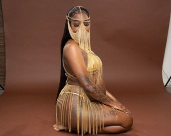Gouden zwangerschapsshoot-jurk Chainmaille, jurk met kwastjes, kettingset met kwastjes, erotische festivalsieraden, muziekfestival, rave-outfit, Burning Man 8