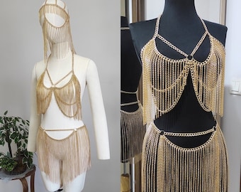 Gold SET Bra Bottom Face, Chain dress, Mini skirt ,  festival jewelry, body chain, dancer waist chain, rave outfit