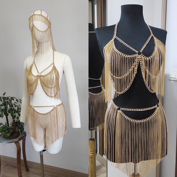 Gold SET Bra Bottom Face, Robe chaîne, Mini jupe, bijoux de festival, chaîne de corps, chaîne de taille de danseuse, tenue rave