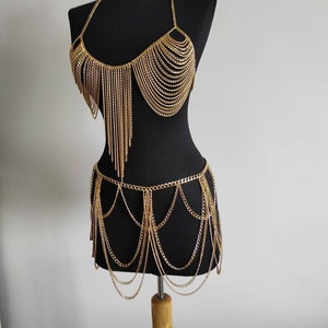Rave Outfit SET Gold Body Chain SET I Bralette Dancer Belly Chain Chain ...