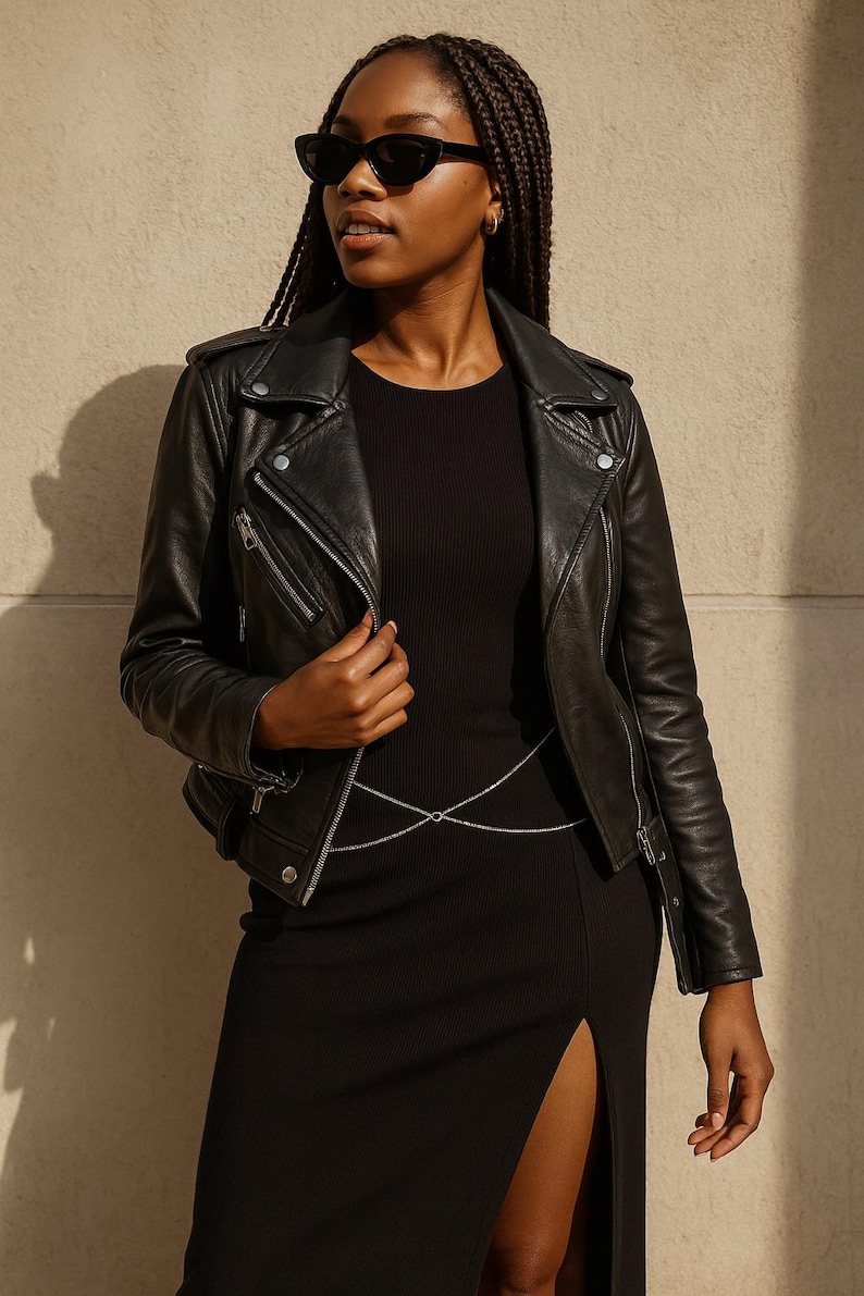 May include: A woman wearing a black leather jacket, a black dress with a slit, and a silver chain body jewelry. She is wearing black sunglasses and has her hair in braids.