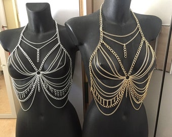 Black Gold Silver Bra Chain- Festival Bra - Bra Top - Body Chain - Rave outfit - Festival Bralette Chain - music fest BR-27