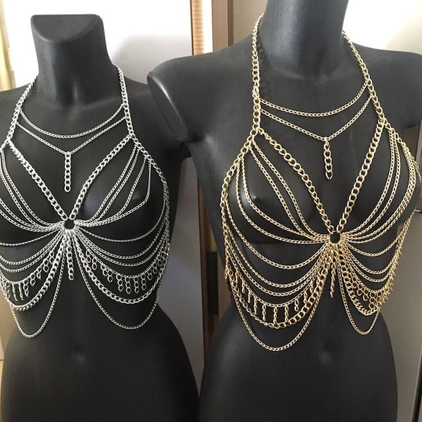 Black Gold Silver Bra Chain- Festival Bra - Bra Top - Body Chain - Rave outfit - Festival Bralette Chain - music fest BR-27