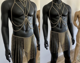 Gold Chain Dress, Men Festival Costume, Halloween,  Cuban Body Chain Set, Costum Cosplay, Fetish