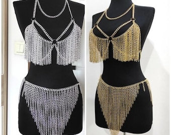 Gold Tassel Dress Chain Set, Festival Jewelry, Music Festival, Silver Body Chain, rave outfit, Burning man, Fringed Chainmaille