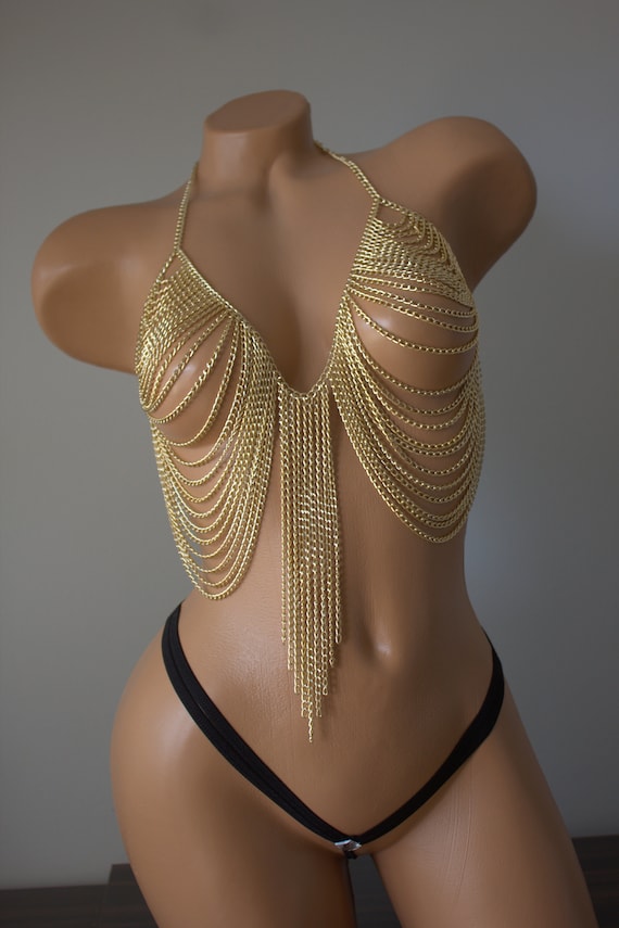 Gold Bra Chain Body Harness Dancer Costume Chain Dress Festival Body  Jewelry Bralette Rave Outfit sexy Jewelry BR-37 
