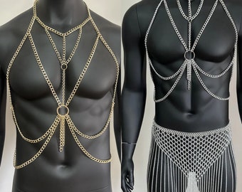 Handmade Unisex Body Harness Silver Top body Chain Burning man Festival Outlook Male Chain  Fetish Wear