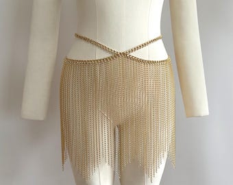 Gold Mini Skirt | Chain Dress | Waist Chain | Belly Chain | Party Skirt | Festival Body Chain  | Sexy Dancer Costume Gomez 128