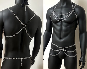 Men Silver Body Chain Belt Metal Male  Emperor Bondage Fetish Wear