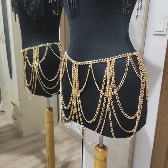 Gold belt metal waist cincher chain sexy goddess dress boss babe skirt festival Gold Crystal Chain Skirt – Burning Man Festival Belly Chain  main image 4