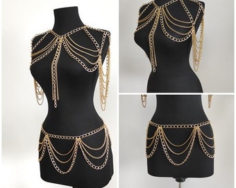 Gold Shoulder Chain SET, Shoulder Necklace, Rave outfit, festival jewelry, Wedding Jewelry, waist chain, Party Accessories