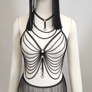Festival Jewelry, Black Rings  Bra Chain,  Bralette Chain - Bra Top halter,  Body Chain - Body Jewelry - Beach Jewelry, EDM Outfit 37
