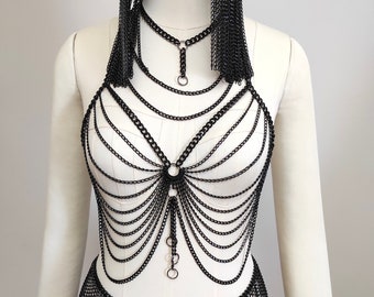Festivalsieraden, bh-ketting zwarte ringen, braletteketting - bh-top halter, body chain - lichaamssieraden - strandsieraden, EDM-outfit 37