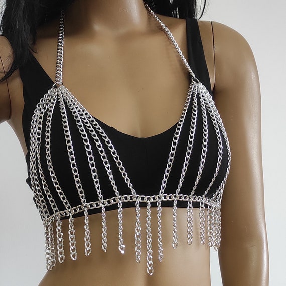 Woman Sexy Grid Chain Chest Chain Rhinestone Fringed Bra Chain Crystal  Bikini Lingerie (Silver) : : Clothing, Shoes & Accessories