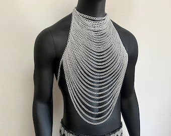 Zilveren harnas Burning man Festival Outlook mannelijke ketting schouder keizer Bondage Fetish Wear mannen body Chain cadeau voor hem M2
