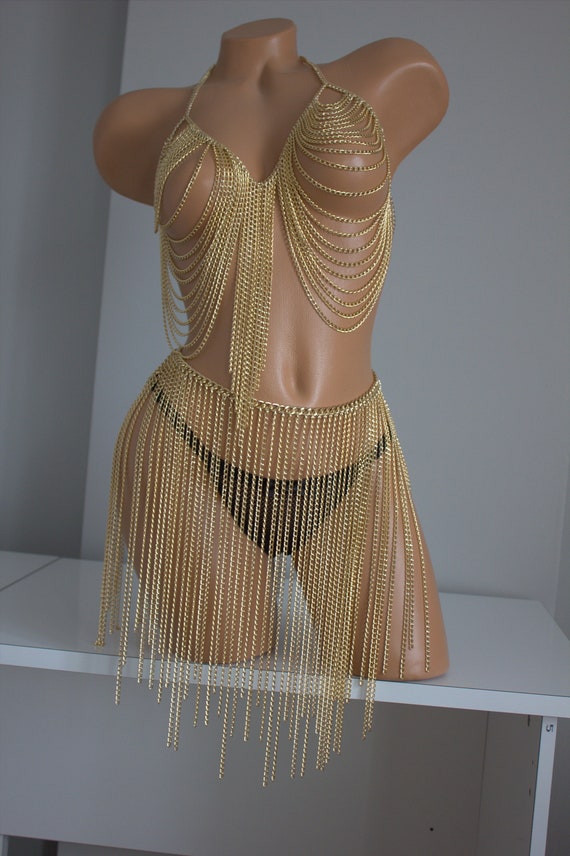 Gold Bra Bottom Set, Chain Dress, Mini Skirt , Festival Jewelry