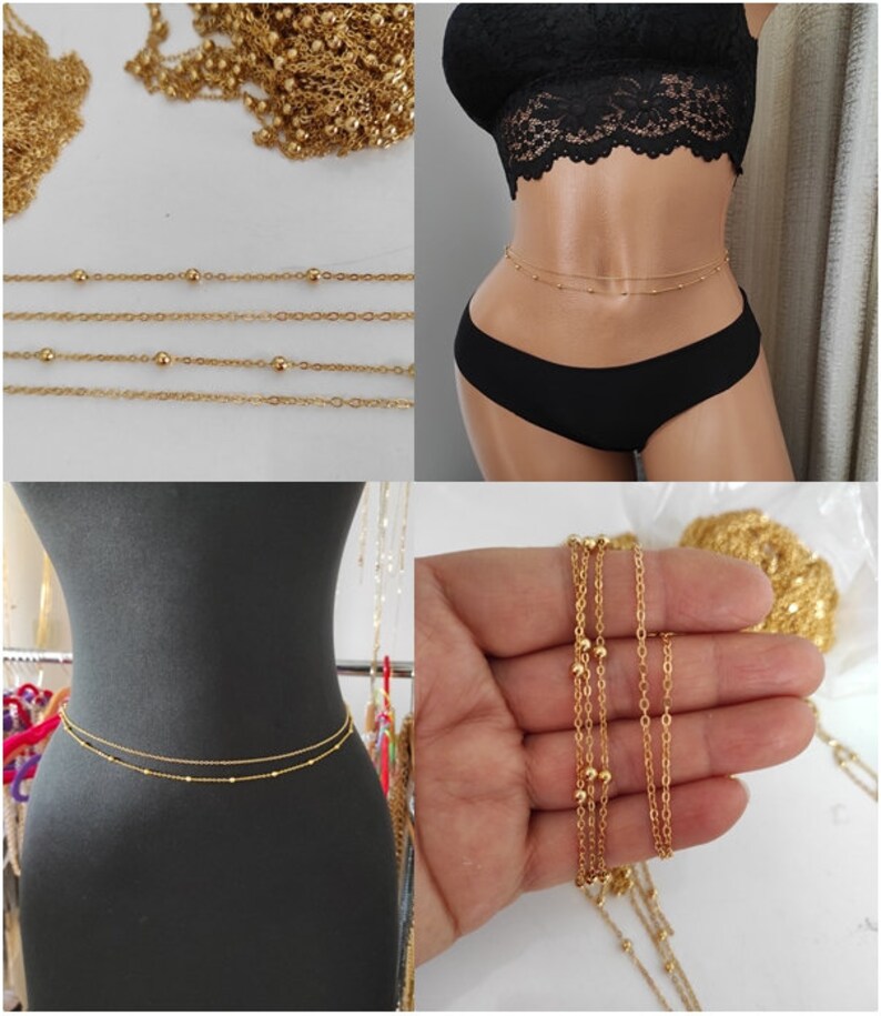May include: Gold chain body jewelry with small round beads. The chain is shown on a model and laid out flat.