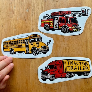 Trucks Vinyl Stickers: Fire truck, School bus, Tractor trailer, made from durable, waterproof, long-lasting vinyl, for water bottle, car
