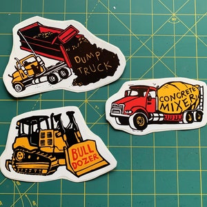 Heavy Machinery Vinyl Stickers - Bulldozer, Dump Truck, Concrete Mixer - Individual/3-pack - Kids and Grown-ups, Laptop, Water Bottle