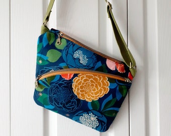 Bold floral sling bag, hands free bag, crossbody sling, travel document bag, dog walking bag, market vendor bag, woman's chest bag