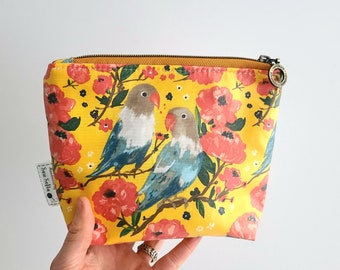 Birds make up bag, small cosmetic pouch, small wash bag, waterproof zip bag, gift for teenager, gift for bird lover