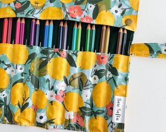 Lemon print small paintbrush roll, roll up pencil case, artist brush holder