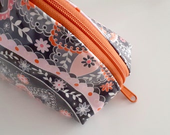 Wipe clean zip pouch, toiletry bag for her, travel storage case, large cosmetic bag, paisley pink orange make up bag