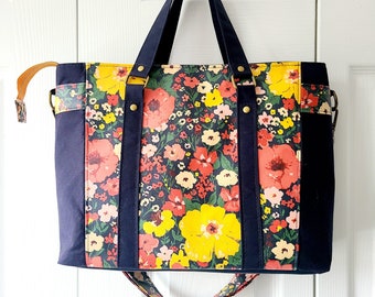 Large Floral handbag, wipe clean tote, vegan shoulder bag, carry handle bag, zip top handbag, flowers travel bag, detachable strap