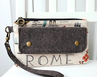 Clutch phone wallet, iPhone wristlet, bag for phone, Rome phone purse, Rifle Paper Co purse, Italy honeymoon gift, wallet with strap