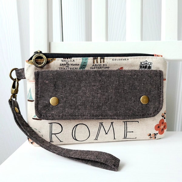 Clutch phone wallet, iPhone wristlet, bag for phone, Rome phone purse, Rifle Paper Co purse, Italy honeymoon gift, wallet with strap