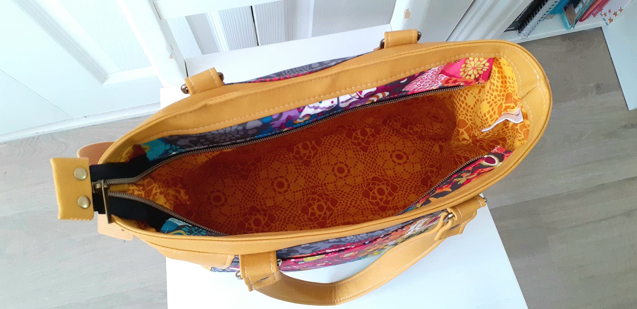 Large rainbow handbag, cotton with faux leather bag, colourful pockets ...