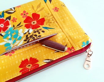 Bold floral zip pouch, yellow pencil case, make up bag, travel pouch for her, passport holder, flat cosmetic pouch, flowers clutch purse