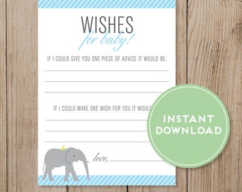 Printable Baby Wishes game. Baby Shower game. Wishes for baby.  Baby boy shower. Advice card. Elephant. DIY. Blue baby shower