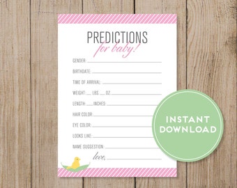 Printable Baby Prediction Card. Baby Shower game. Gender Prediction game. Instant Download. DIY. Pink Baby Shower