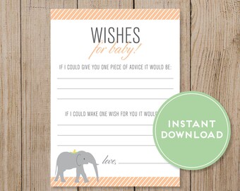 Printable Baby Wishes game. Baby Shower game. Wishes for baby. Baby boy shower. Baby girl shower. Gender neutral. Advice card. Elephant